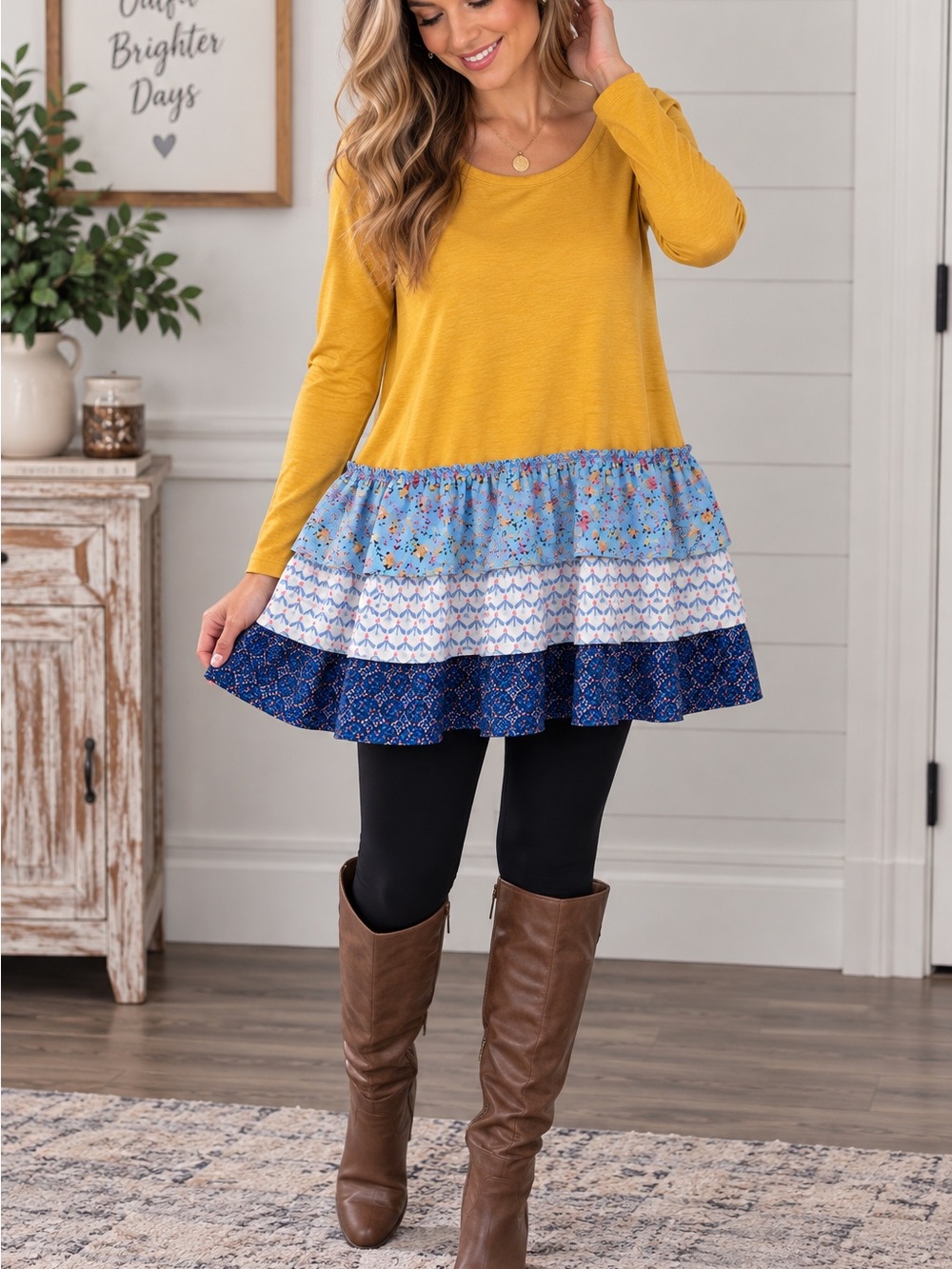 Matilda Jane Mustard Yellow Tiered Tunic with Blue Patterned Ruffles